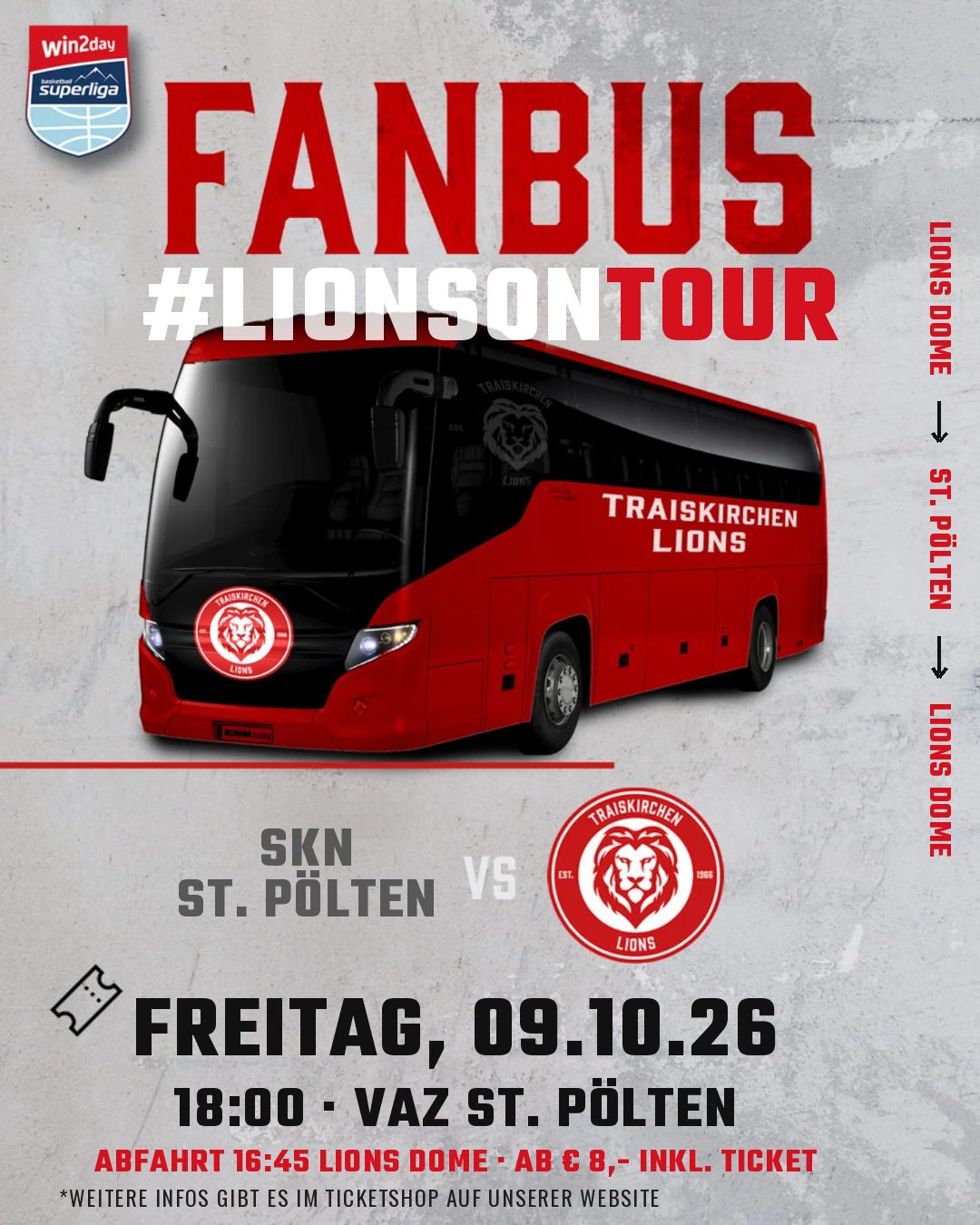 Fanbus Traiskirchen Lions nach St. Pölten, Freitag 09.10.2026